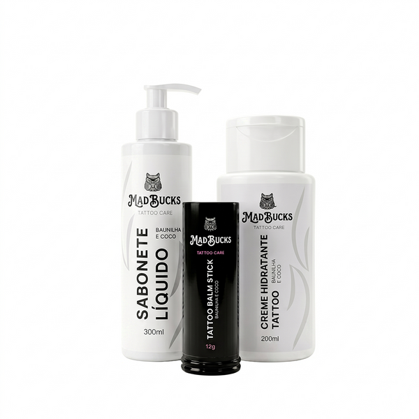 Kit Tatuagem Perfeita Madbucks: Sabonete Líquido Tattoo 300ml, Tattoo Balm Stick 12g e Creme Hidratante Tattoo 200ml