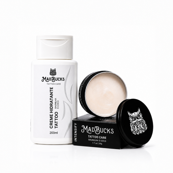 Kit Cuidado Essencial Madbucks: Creme Hidratante Tattoo 200ml e pote aberto do Tattoo Balm 50g